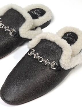 Christian Louboutin Woolito Swing Flat 43 Black Shearling Leather Mule Loafers